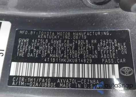 2019 Toyota Camry Le from USA, damaged, VIN 4T1B11HK3KU814829
